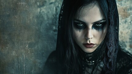 Intense gaze of a gothic woman with black makeup and lace veil