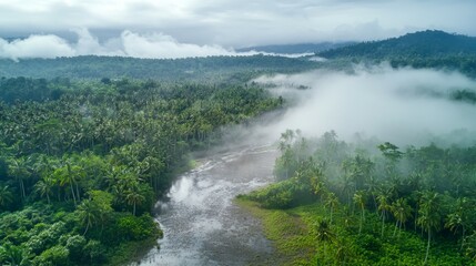Lush Tropical Landscape with Mist Over River and Palm Trees