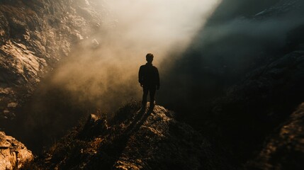 Obraz premium Solitary Figure Standing on Rocky Edge Amidst Misty Mountain Landscape
