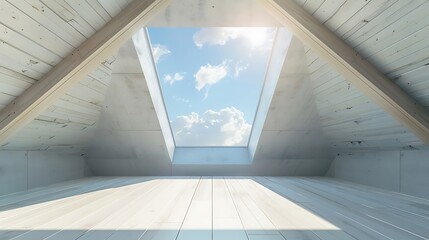 Obraz premium Interior of a attic with a window overlooking the blue sky