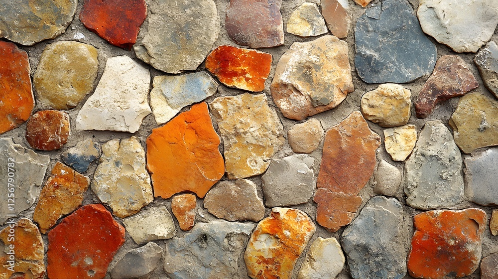 Aufkleber close-up view of a wall made of various stones in different colors, showcasing a unique texture and 