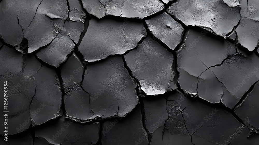 Aufkleber Close-up view of a cracked black surface, creating a dramatic abstract texture. Macro Texture Backgrounds. Abstract Black Cracked Texture