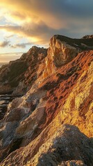 Fototapeta premium Majestic Sunset Over Rugged Cliffside with Warm Golden Hues