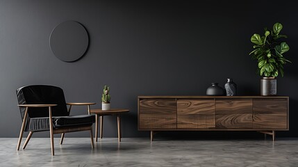 Interior of modern room with sideboard, concrete floor, comfortable armchairs and gray walls