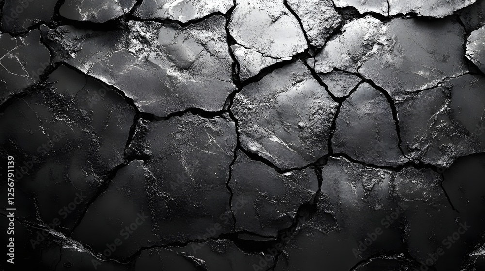 Poster Abstract image of a cracked dark surface. Monochromatic texture background. Macro Texture Backgrounds. Cracked Dark Surface: A Monochromatic Abstract