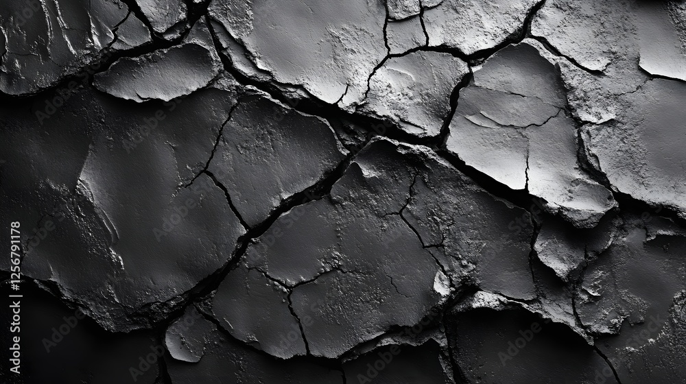 Poster a close-up shot of a cracked black surface, showcasing a dramatic monochromatic texture. ideal for b