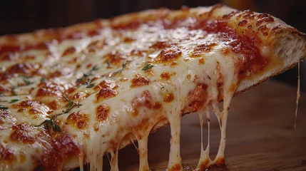 Zelfklevend Fotobehang Close-up of a dripping pizza slice on a wooden board. Restaurant background © Agung