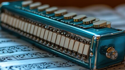 Close-up of a teal harmonica on sheet music