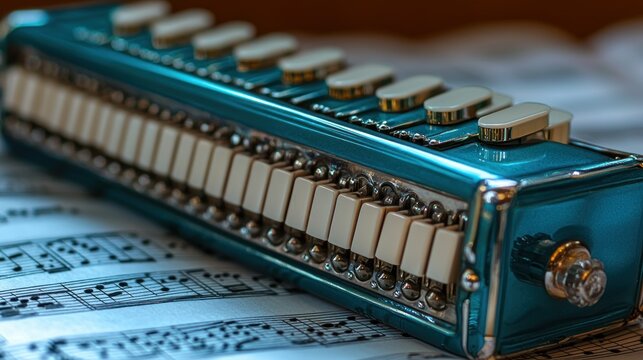 Close-up of a teal harmonica on sheet music - Powered by Adobe
