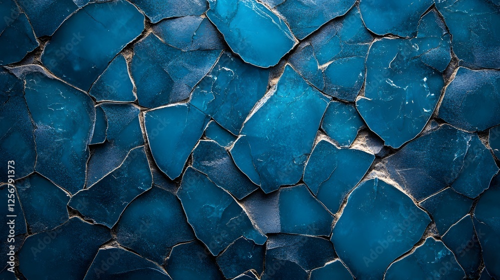 Poster close-up view of a blue stone mosaic, showcasing intricate textures and irregular shapes. a striking