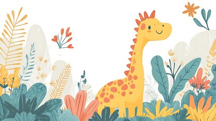 Cute cartoon giraffe in a whimsical jungle setting. Possible use children's book cover or nursery decor