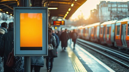 Busy Train Station at Sunset with Orange Signage and Commuters