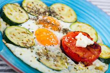 Tasty fried eggs with zucchini and tomatoes served with feta cheese and olives..