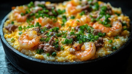 Shrimp And Rice Dish In Cast Iron Pan