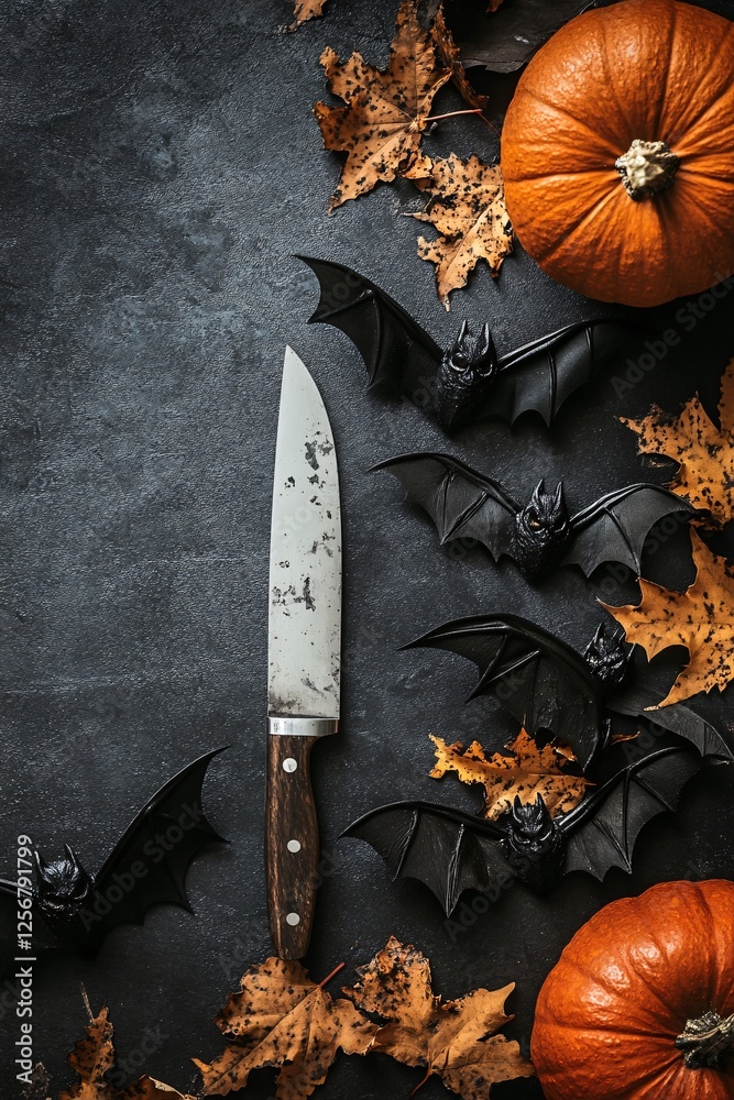 Poster halloween background with pumpkins, bats and knife lying on dark background with copy space