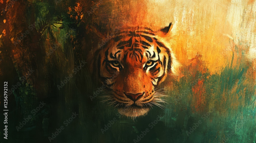 Leinwandbilder impressionist tiger portrait surrounded by a vibrant jungle habitat with ample space for creative te