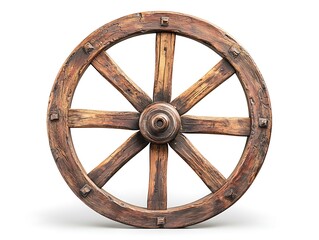 Antique wooden wagon wheel isolated on white background. Possible use Historical, educational, design