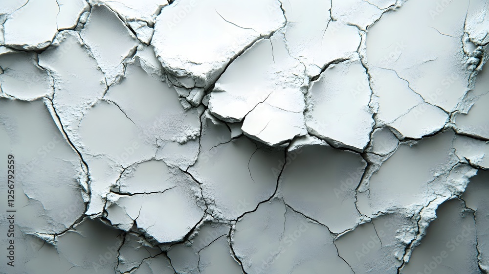 Aufkleber Close-up view of cracked white powder, showing detailed texture and abstract patterns. Macro Texture Backgrounds. Cracked White Powder Texture
