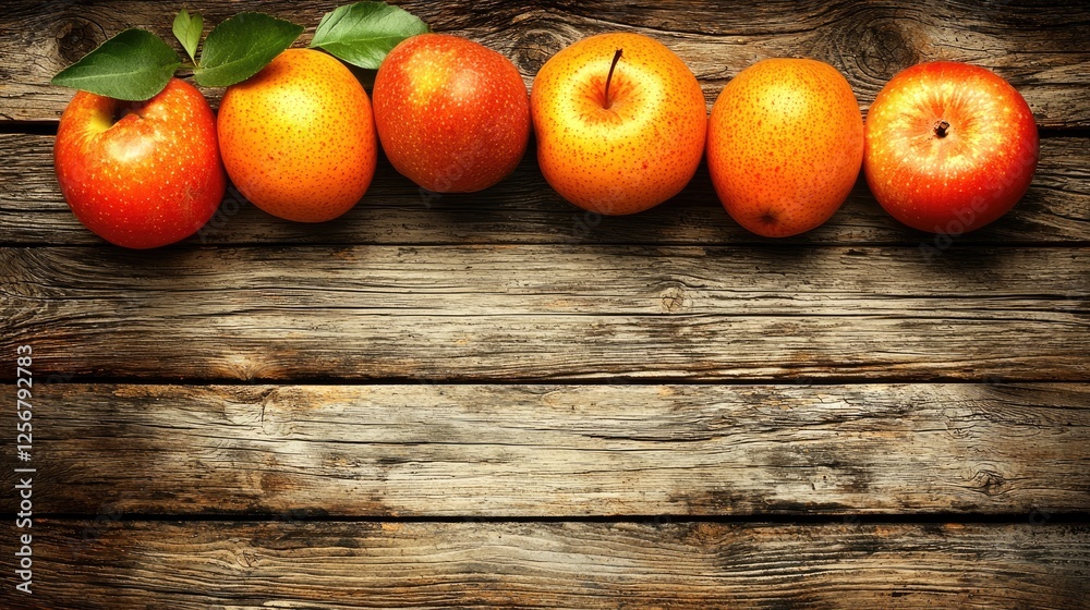 Poster Ripe apples on rustic wood, autumn harvest, food background, recipe website