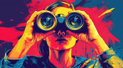 Obraz premium Woman using binoculars, vibrant colors. Illustrates exploration, discovery, or seeking opportunity.