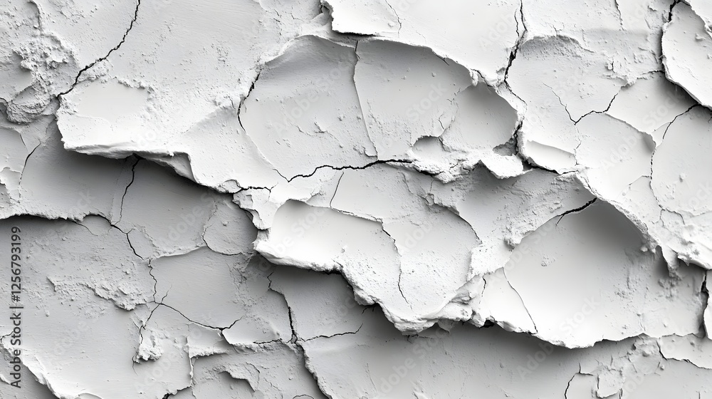 Poster Close-up view of a cracked white surface. Abstract texture with monochrome tones. Macro Texture Backgrounds. Abstract Cracked Texture: A Monochrome Study in White