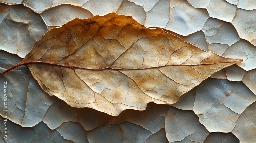 Poster a single, dried leaf rests on a cracked, textured surface. the image showcases the intricate details