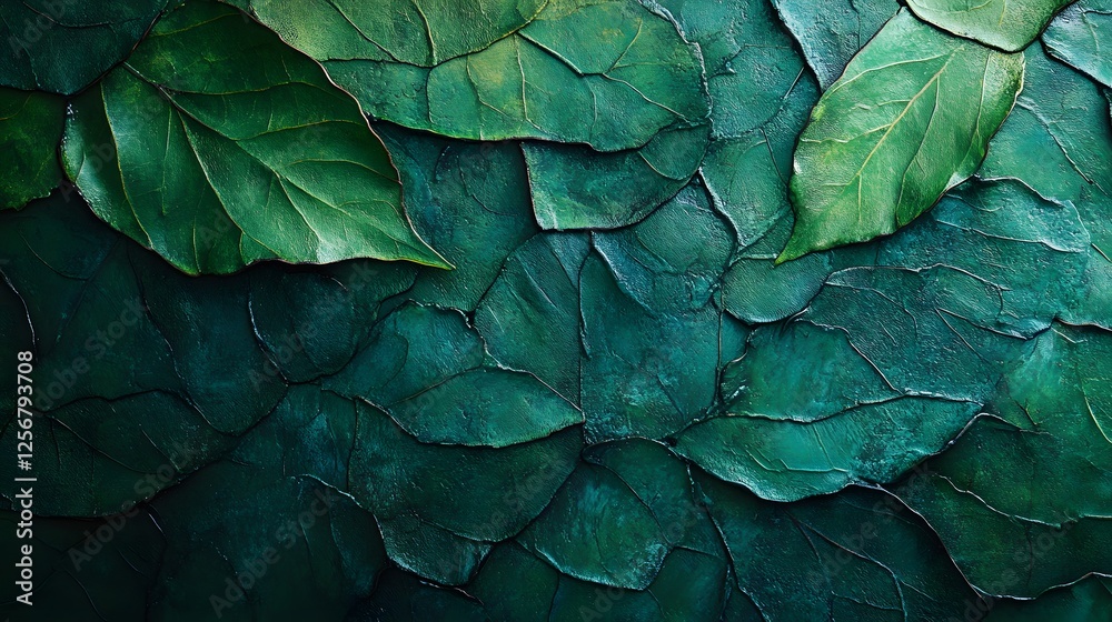 Poster close-up of vibrant green leaves with textured background. a natural, artistic display of color and 