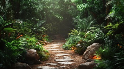 Stone path winds through lush, tropical jungle. Ideal for adventure, nature, or travel themes.