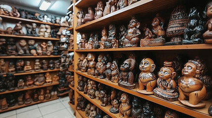 Collection of Handcrafted Wooden Figurines Displayed on Store Shelves
