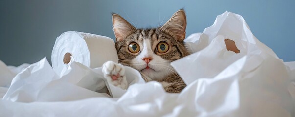 Playful tabby cat having fun with toilet paper