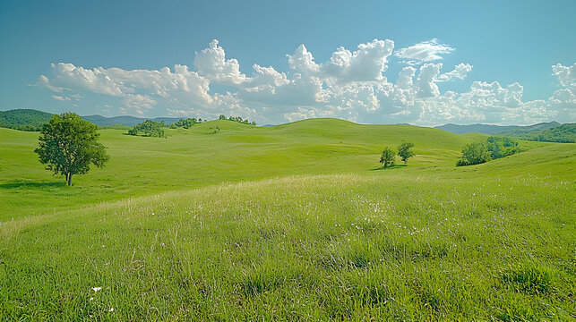 Sunny day, rolling green hills, clear sky, idyllic landscape, nature background