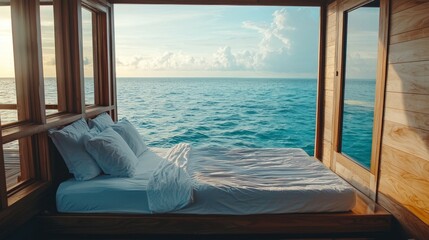Fototapeta premium Tranquil Ocean View from Bedroom in Wooden Cabin Over Water