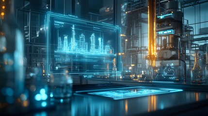 A holographic refinery blueprint displayed by an AI assistant in a high-tech laboratory.