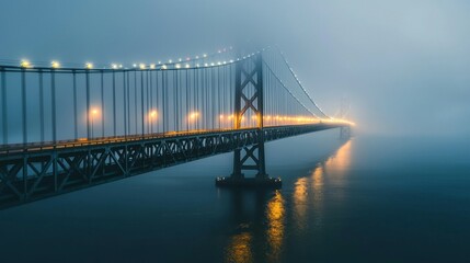 Fototapeta premium Foggy Evening Scene of a Bridge Illuminated by City Lights