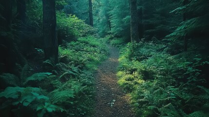 Obraz premium Forest path lined with lush ferns, dappled sunlight filters through trees. Perfect for nature, tranquility, and adventure themes.
