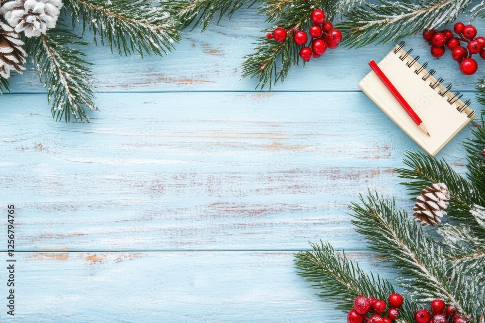 Aufkleber Open notebook and pencil on a bright wooden desk with festive decorations and a spacious background for creative tasks. Generative AI