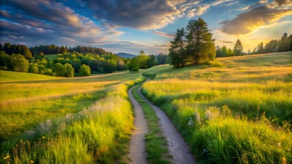 Obraz premium Summer Country Road Sunset Landscape