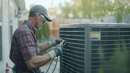Technician Working on Air Conditioning Unit Outdoors