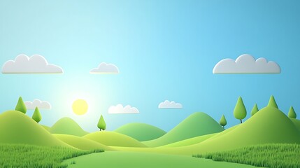 Obraz premium Idyllic Cartoon Landscape With Rolling Hills and Sun