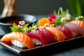 Fresh Salmon Nigiri Sushi Platter: Japanese Cuisine on Dark Plate with Wasabi