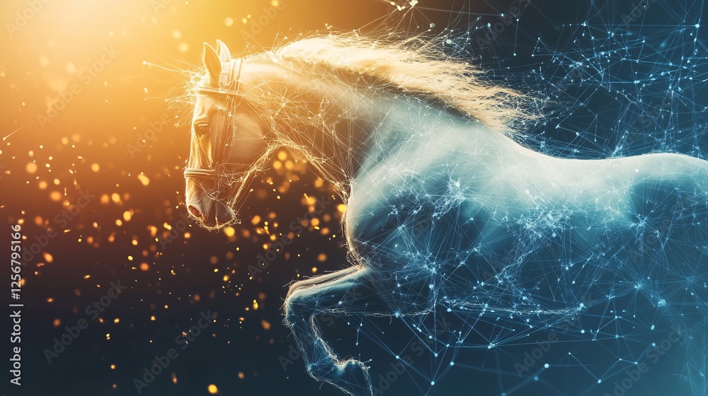 Poster White horse jumping through digital network connection
