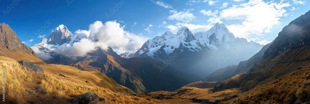 Poster majestic mountain range under soft clouds with vibrant blue sky creating a stunning landscape at sun
