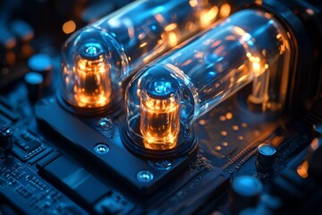 Close-up of glowing vacuum tubes in a vintage audio amplifier