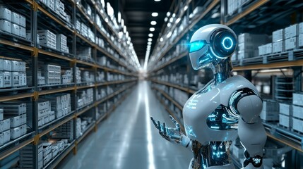 Fototapeta premium Futuristic Robot Standing in a High-Tech Warehouse Environment