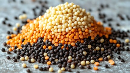 Colorful mixed lentils and couscous on a textured surface