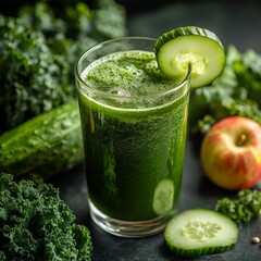 Green juice with cucumber, kale, apple. Healthy drink recipe