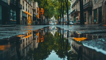 Fototapeta premium Rainy Day Reflection: Parisian Street Scene