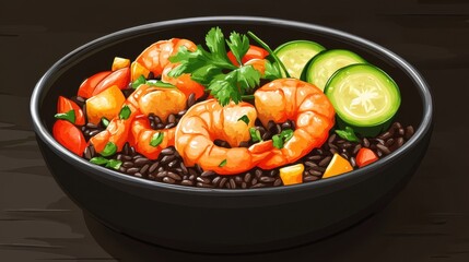 Black rice bowl with shrimp, veggies. Perfect for illustrating healthy meals, recipes, or restaurant menus.