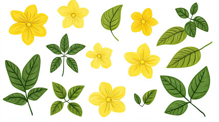 Obraz premium Collection of Yellow Flowers and Green Leaves Botanical Illustration