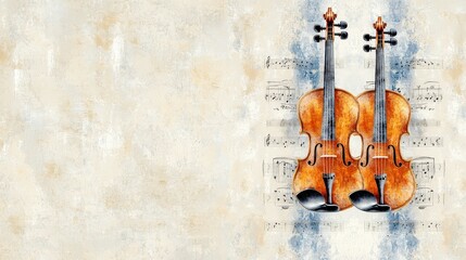 Two Elegant Violins with Vintage Sheet Music Background in Artistic Watercolor Design for Music Lovers and Musicians